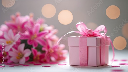 A pink gift box with a ribbon beside a pink flower arrangement. 