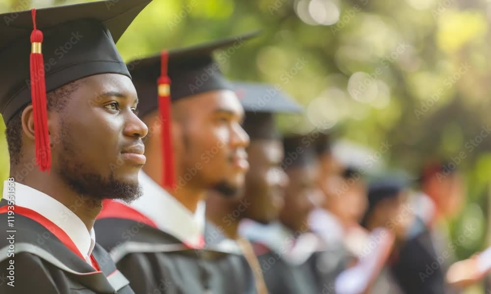 African American university graduate wearing a black graduation cap and ...