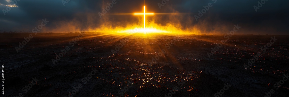 Radiant cross emitting golden rays on a dark earth, concept of divine Easter faith and salvation Radiant cross emitting golden rays on a dark earth, concept of divine Easter faith and salvation