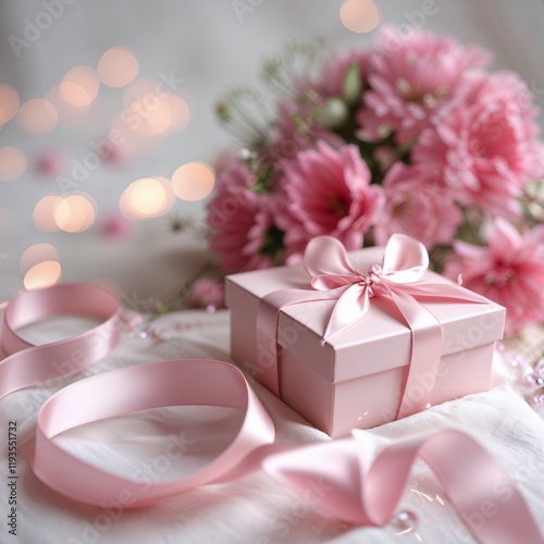 A pink gift box with a ribbon beside a pink flower arrangement. 