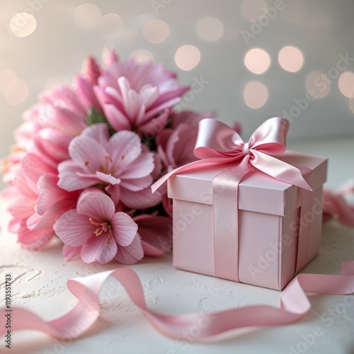A pink gift box with a ribbon beside a pink flower arrangement. 