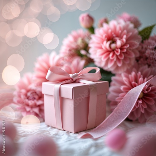 A pink gift box with a ribbon beside a pink flower arrangement. 