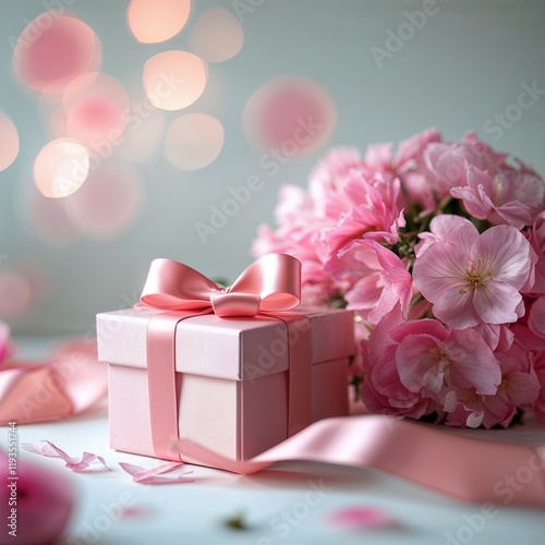 A pink gift box with a ribbon beside a pink flower arrangement. 