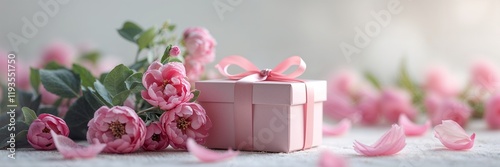 A pink gift box with a ribbon beside a pink flower arrangement. 