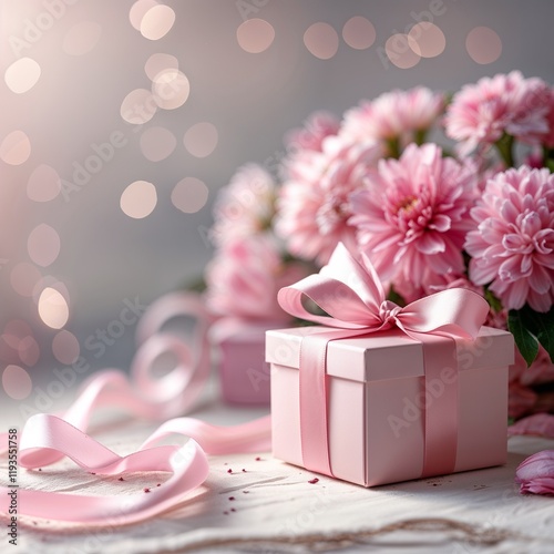 A pink gift box with a ribbon beside a pink flower arrangement. 