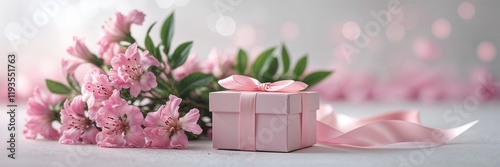 A pink gift box with a ribbon beside a pink flower arrangement. 