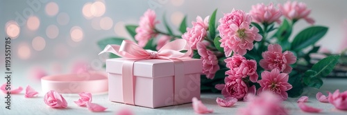 A pink gift box with a ribbon beside a pink flower arrangement. 