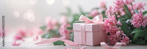 A pink gift box with a ribbon beside a pink flower arrangement. 