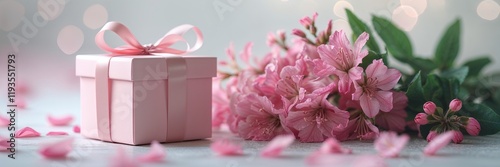 A pink gift box with a ribbon beside a pink flower arrangement. 