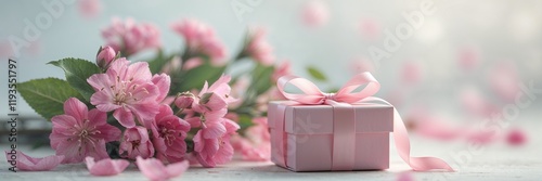 A pink gift box with a ribbon beside a pink flower arrangement. 