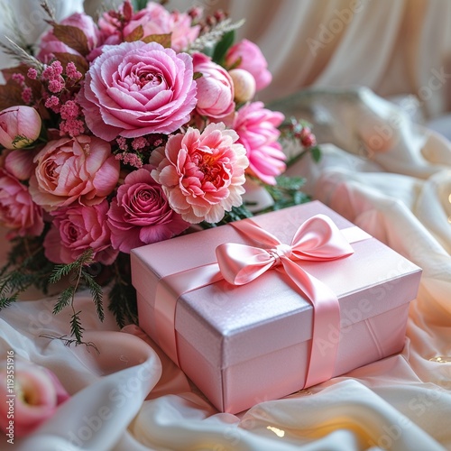 A pink gift box with a ribbon beside a pink flower arrangement. 