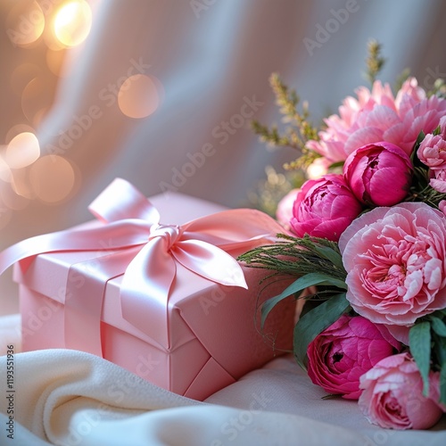 A pink gift box with a ribbon beside a pink flower arrangement. 