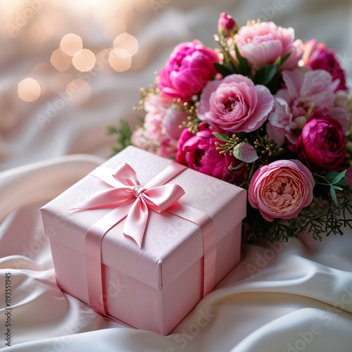 A pink gift box with a ribbon beside a pink flower arrangement. 