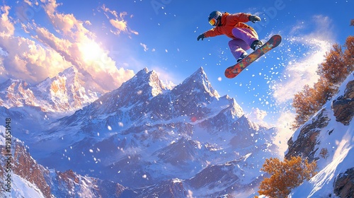 snowboarder jumping on mountain background