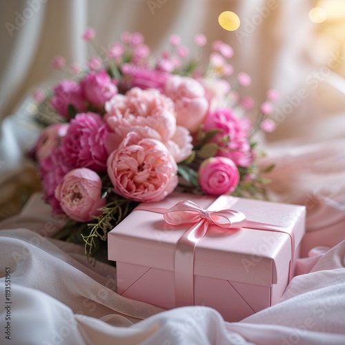 A pink gift box with a ribbon beside a pink flower arrangement. 