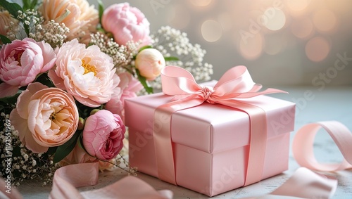 A pink gift box with a ribbon beside a pink flower arrangement. 