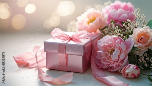 A pink gift box with a ribbon beside a pink flower arrangement. 
