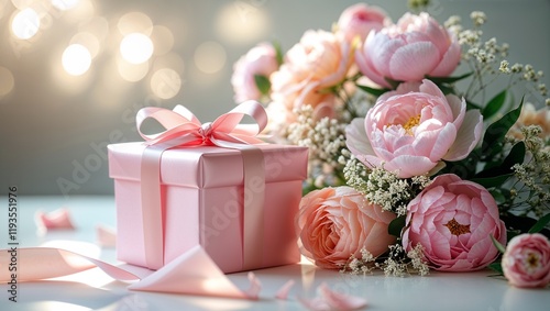 A pink gift box with a ribbon beside a pink flower arrangement.