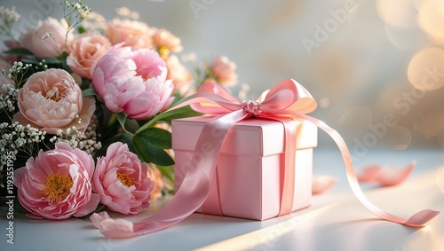 A pink gift box with a ribbon beside a pink flower arrangement.