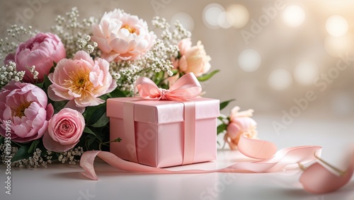 A pink gift box with a ribbon beside a pink flower arrangement.