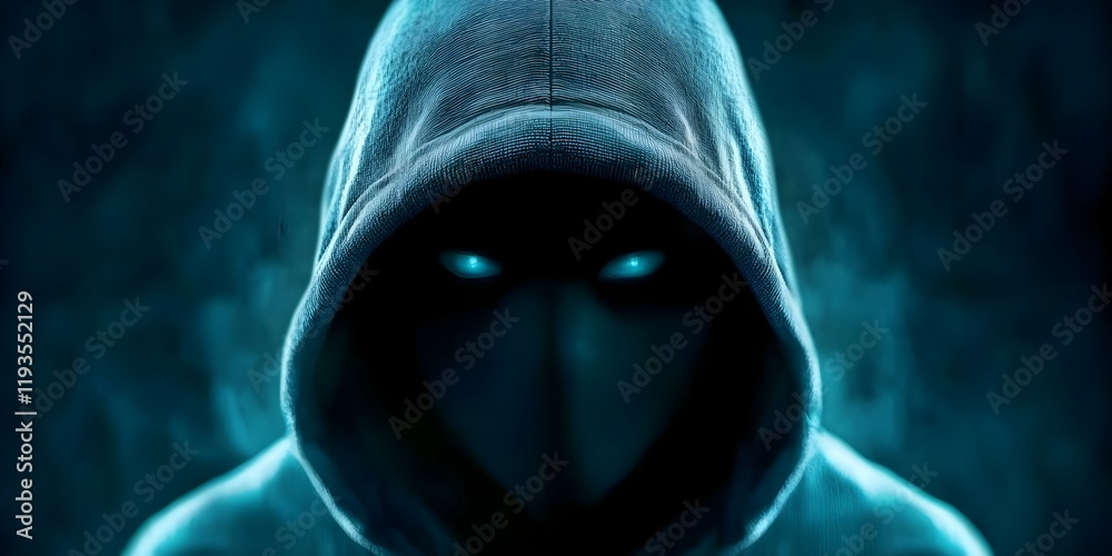 A mysterious figure with a hood and glowing blue eyes, surrounded by an eerie, misty atmosphere. Concept Mysterious Hooded Figure, Glowing Blue Eyes, Eerie Atmosphere, Misty Surroundings A mysterious figure with a hood and glowing blue eyes, surrounded by an eerie, misty atmosphere. Concept Mysterious Hooded Figure, Glowing Blue Eyes, Eerie Atmosphere, Misty Surroundings