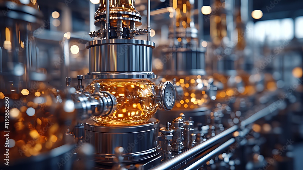 Close-up of industrial glass reactors with glowing amber liquid during a chemical process. Close-up of industrial glass reactors with glowing amber liquid during a chemical process.