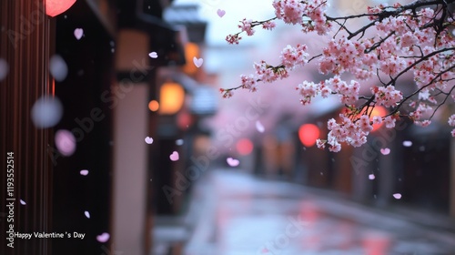 Cherry Blossoms in a Tranquil Street Adorned With Lanterns During Valentine's Day Celebrations Creating a Romantic Atmosphere photo