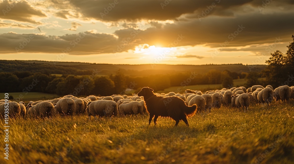 A rustic sheep herding experience with a working dog and a flock in the field A rustic sheep herding experience with a working dog and a flock in the field
