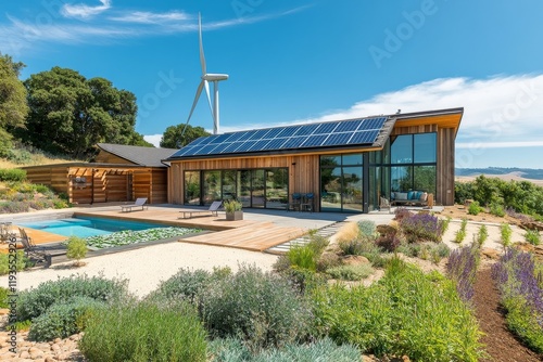 A smart home with solar panels and a wind turbine in the backyard, surrounded by nature and sustainable living elements