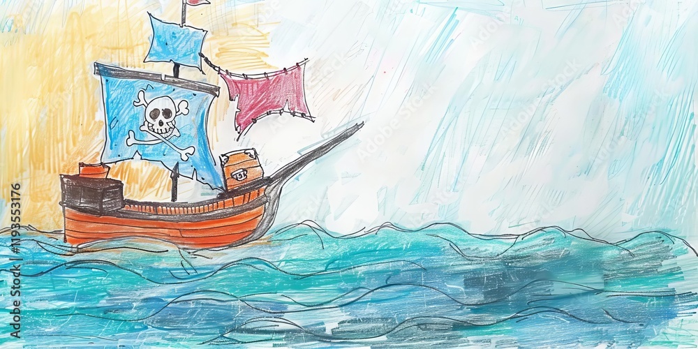 Fototapeta premium A colorful drawing of a pirate ship sailing on waves under a bright sky.