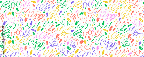 Colorful funky squiggles seamless pattern. Crayon drawn childish squiggles, swirls, trendy scribbles.