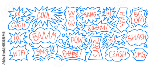 Funky speech bubbles with comic words and explosion bomb effect, splash, exclamation. Y2k style stickers.