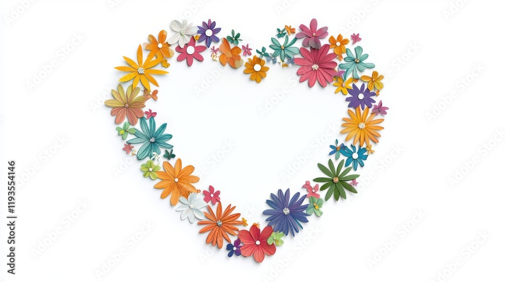 Colorful paper flowers arranged in a heart shape. Colorful paper flowers arranged in a heart shape.