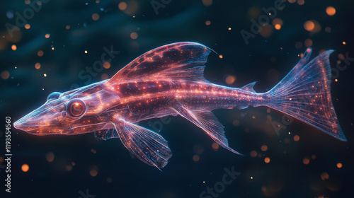 Hologram paddlefish. Holographic projection paddlefish. Flickering energy flux of particles. Scientific design animals. photo