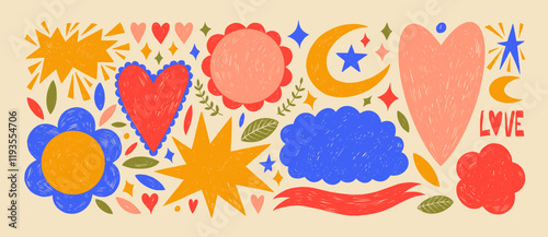 Colorful crayon drawn stickers, doodle shapes with pencil texture. Hand drawn vector badges and kid motif figures. Collection of cute childish shapes like stars, hearts, cloud, flowers and moon.
