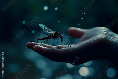 Mosquito feeding on a persona??s hand, symbolizing potential danger and the need for protection photo