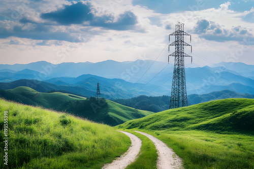 Modern telecom infrastructure integrated into a scenic rural landscape with mountains and greenery