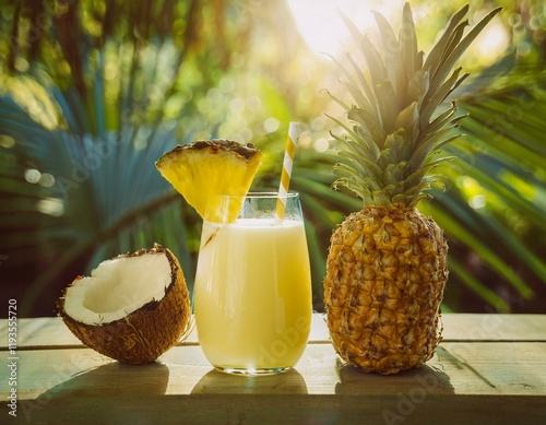 Fresh pineapple and coconut smoothie drink on bright tropical garden background. 