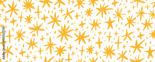 Yellow colored seamless pattern with crayon drawn stars, sparks and sparkles. Hand drawn childish background