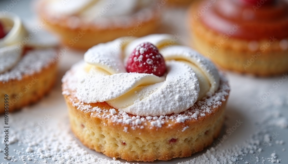Delicious raspberry-topped cake with whipped cream and powdered sugar Delicious raspberry-topped cake with whipped cream and powdered sugar