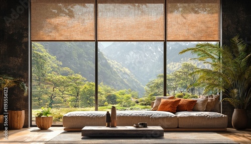 Rustic living room backdrop featuring a brown roman blind, with a lush forest and mountain scene visible through the window.