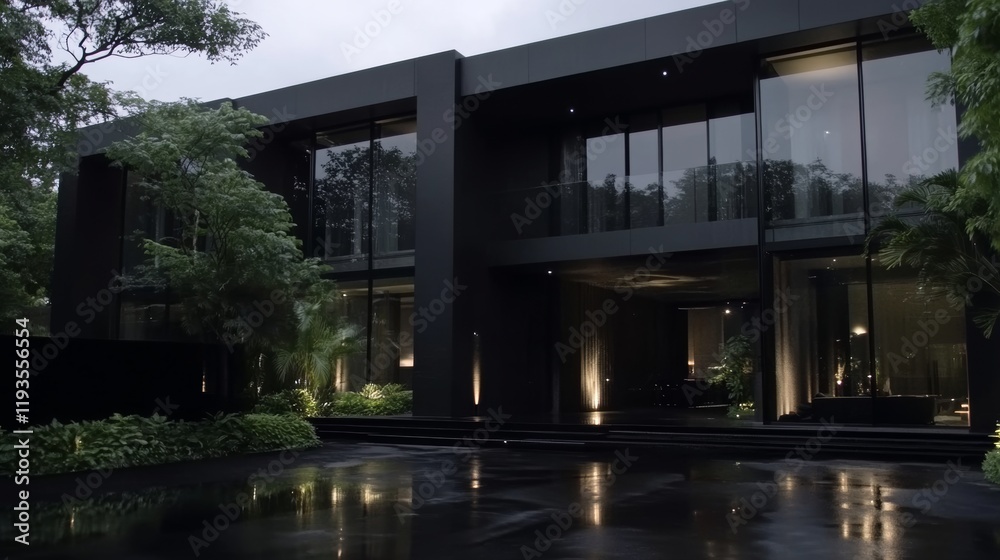 Modern Dark House Exterior Design in Night Modern Dark House Exterior Design in Night