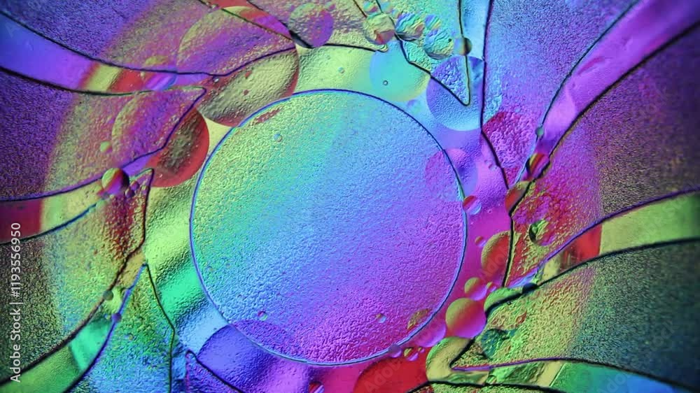 Burbujas flotando en la colorida superficie acuática de un cuenco texturizado con curvas y ondas, con movimiento giratorio lento, se reúnen y refractan la luz multicolor del fondo en bokeh