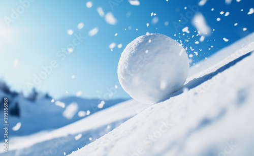 A snowball rolling downhill in motion, scattering snow particles under a bright, sunny sky.