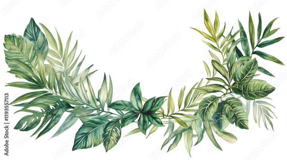 Fototapeta premium Watercolor painting of lush tropical foliage arranged in a semi circle