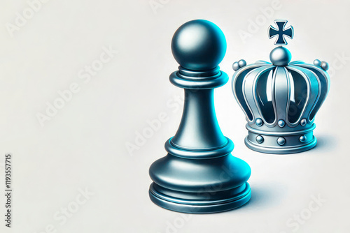 A pawn and a crown on a light background. Space for text.