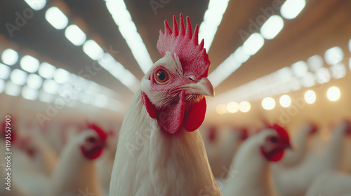 A close-up of a white chicken in a brightly lit barn, showcasing farm life and poultry. photo
