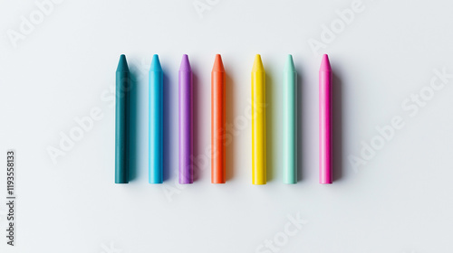 Colorful wax crayons neatly arranged on a white background, representing creativity and childhood.