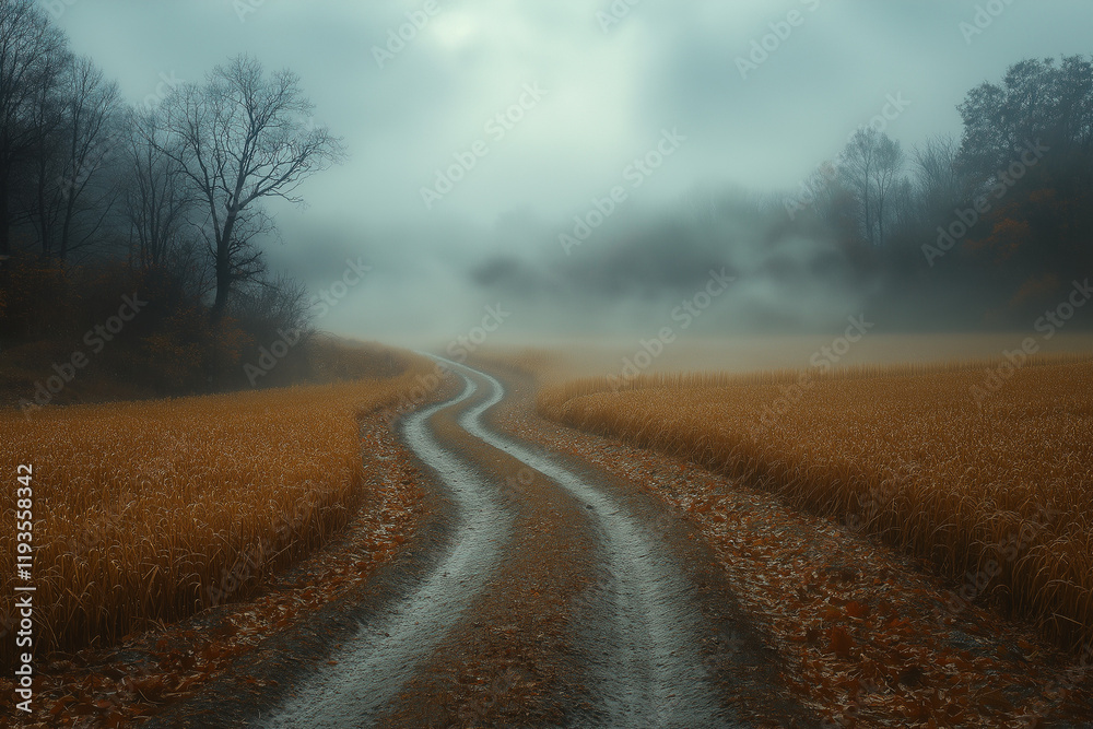 Fototapeta premium Paysage rural automnal brumeux avec arbres nus et champs dorés