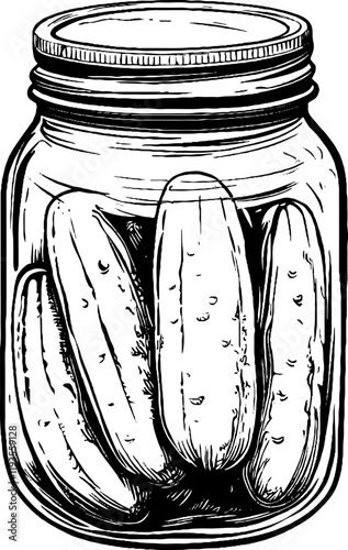 This vintage woodcut illustration features a detailed mason jar filled with pickles.